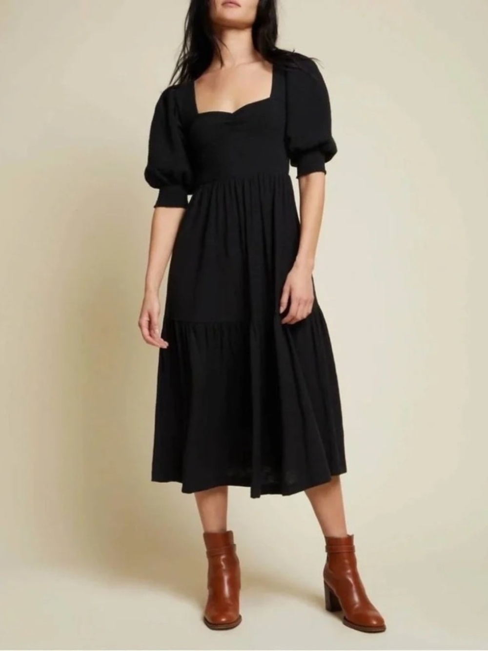 Nation LTD Sienna Midi Dress Womens M Black Pima Cotton Puff Sleeve Smocked